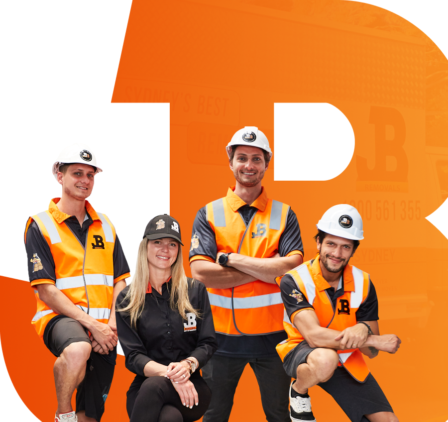 Original JB Removals crew in helmets and high-visibility vests against the JB brand letter